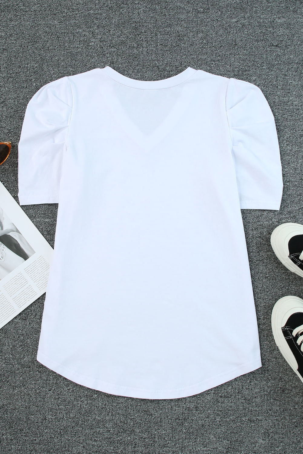 White Sequin Bow Patched Puff Sleeve T Shirt