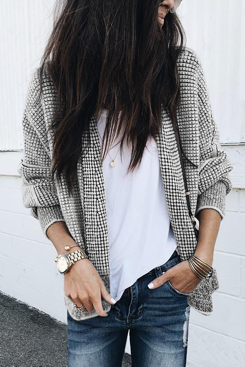 Pink Plaid Knitted Long Open Front Cardigan