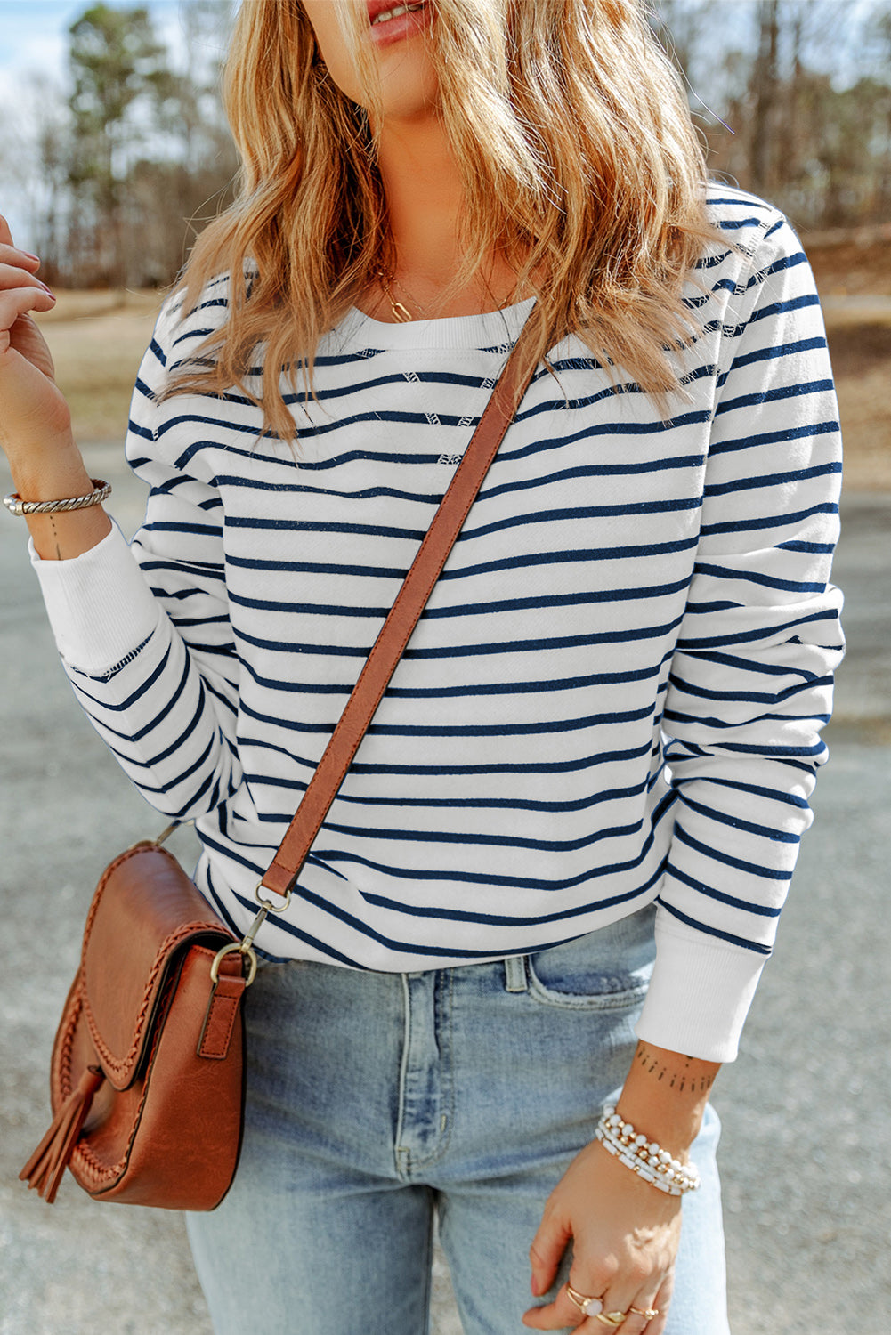 Red Striped Print Ribbed Trim Long Sleeve Top