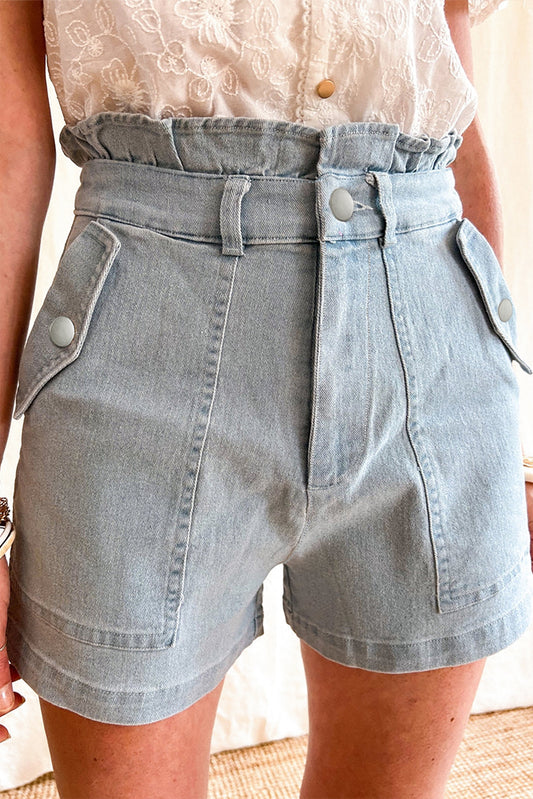 Beau Blue Ruffled High Waist Flap Pockets Denim Shorts