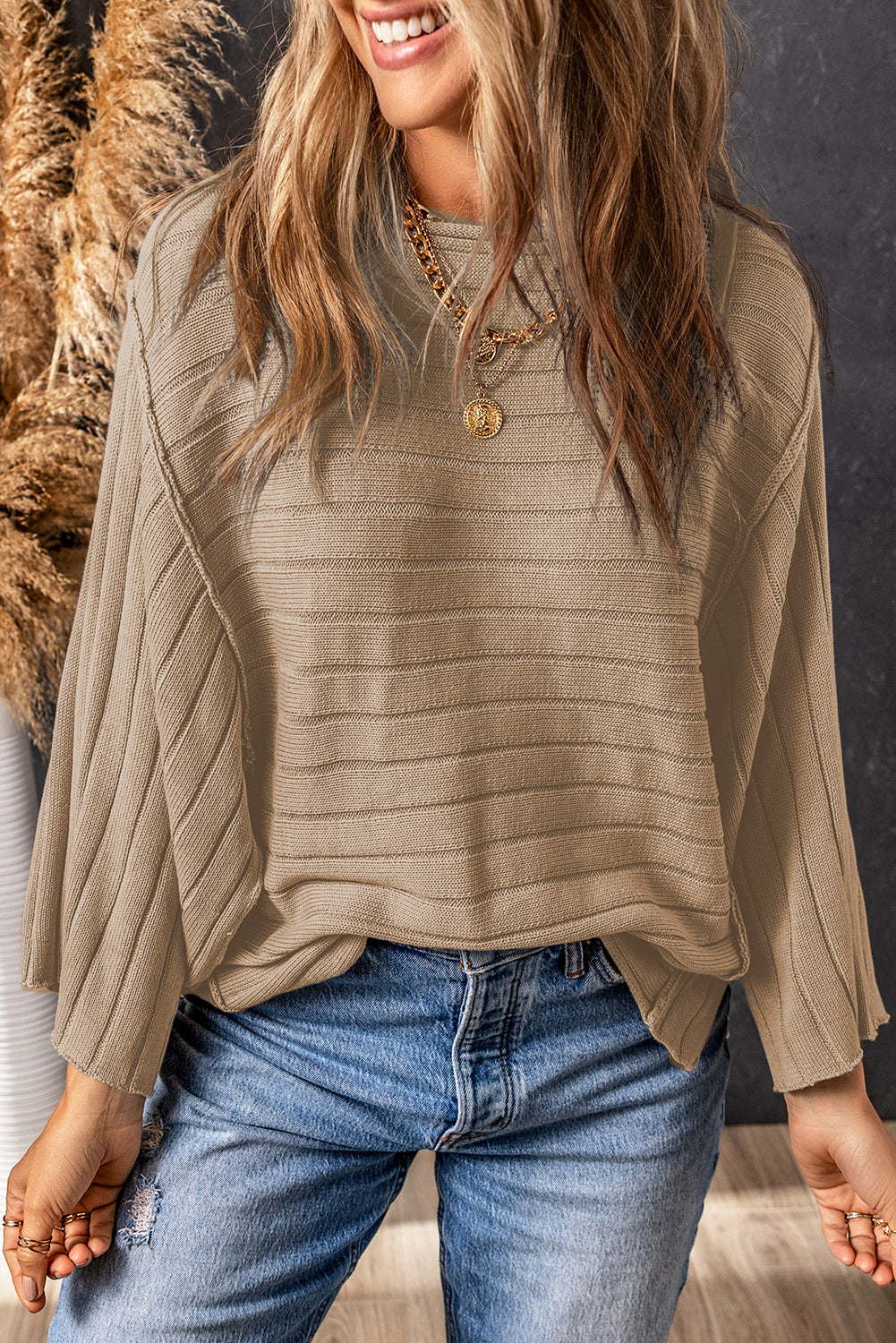 Gray Exposed Seam Ribbed Knit Dolman Top