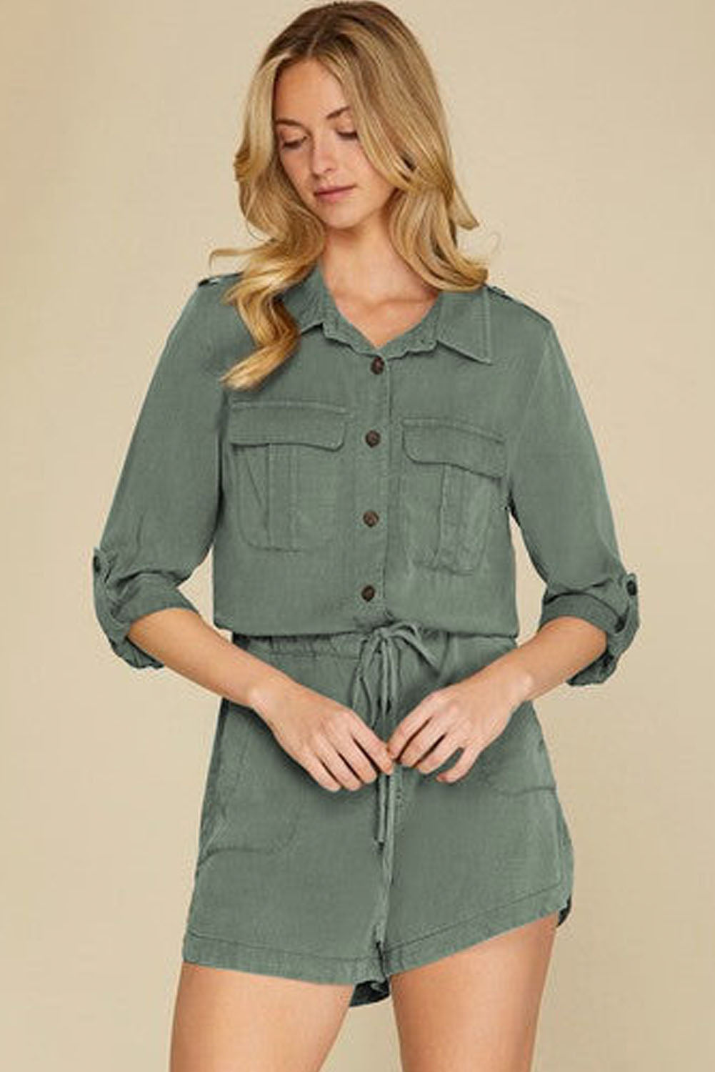 Pickle Green Roll up Sleeve Flap Pockets Drawstring Playsuit
