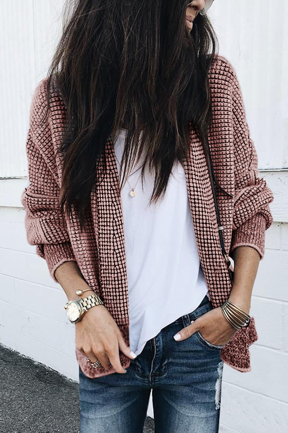 Gray Plaid Knitted Long Open Front Cardigan