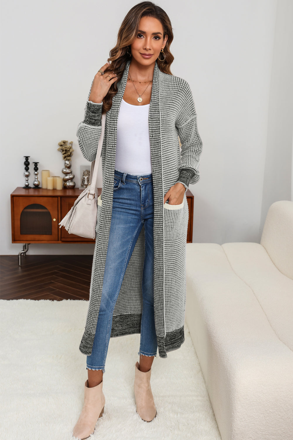 Gray Plaid Knitted Long Open Front Cardigan