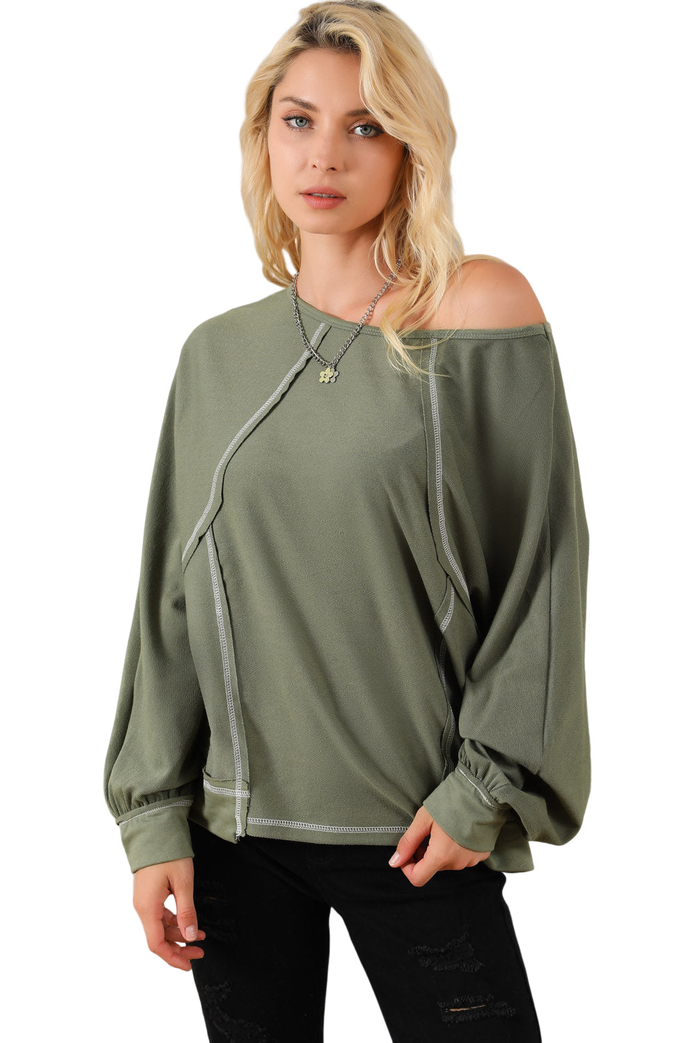 Green Exposed Seam Patchwork Dolman Sleeve Top