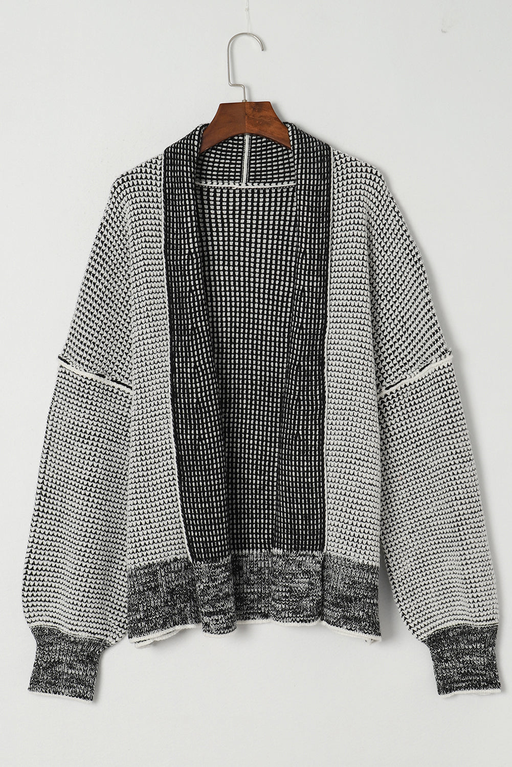 Gray Plaid Knitted Long Open Front Cardigan