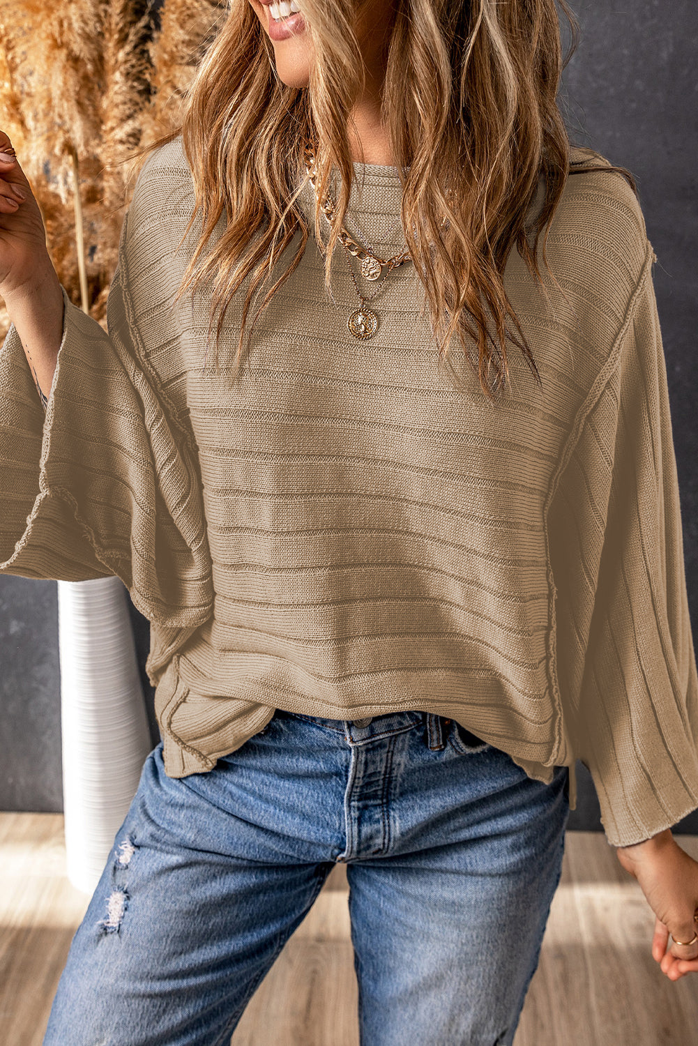 Gray Exposed Seam Ribbed Knit Dolman Top