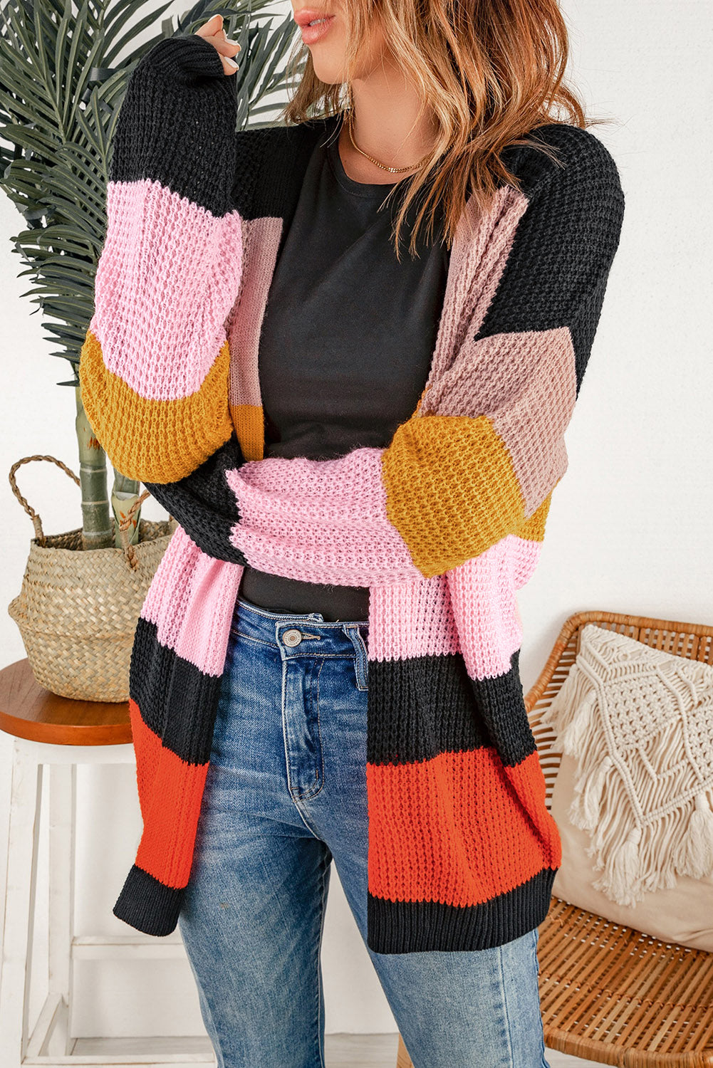 Multicolor Waffle Knit Color Block Open Front Cardigan