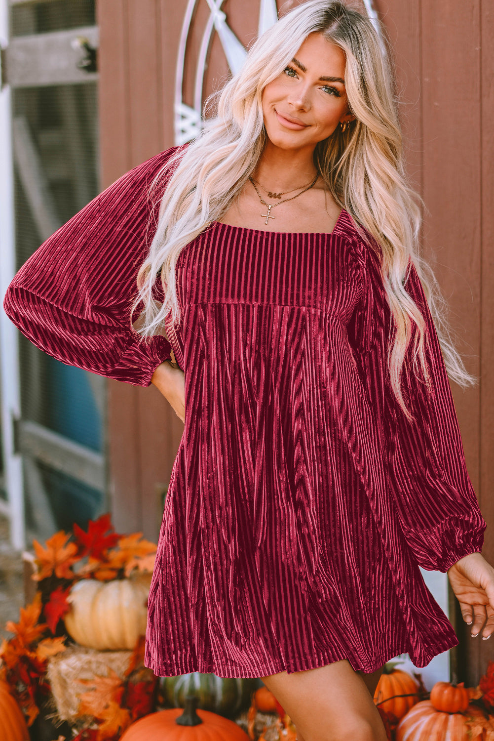 Chestnut Smocked Ribbed Velvet Babydoll Top