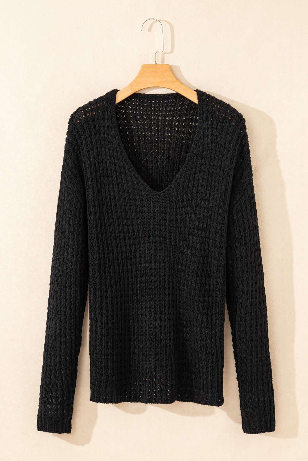 Black Hollow-out Crochet V Neck Sweater