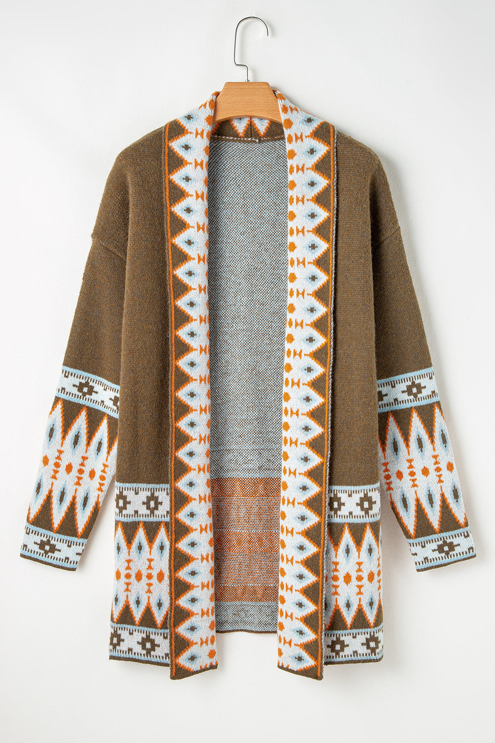 Orange Printed Aztec Print Open Front Knitted Cardigan