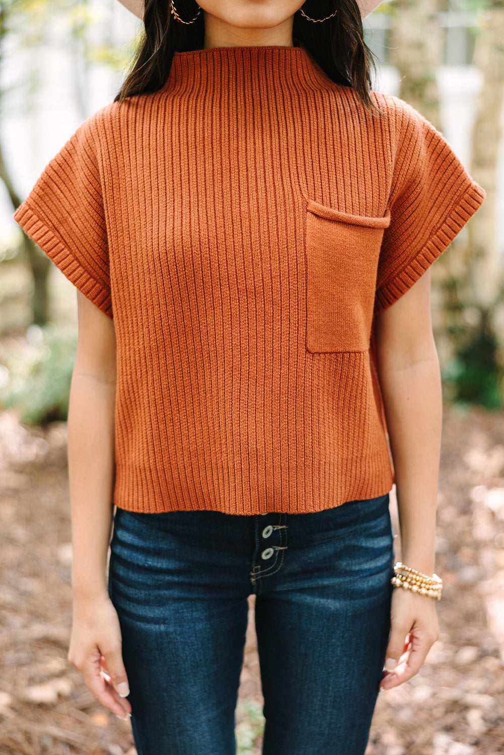 Apricot Ribbed V Neck Patched Chest Pocket Knit T-shirt