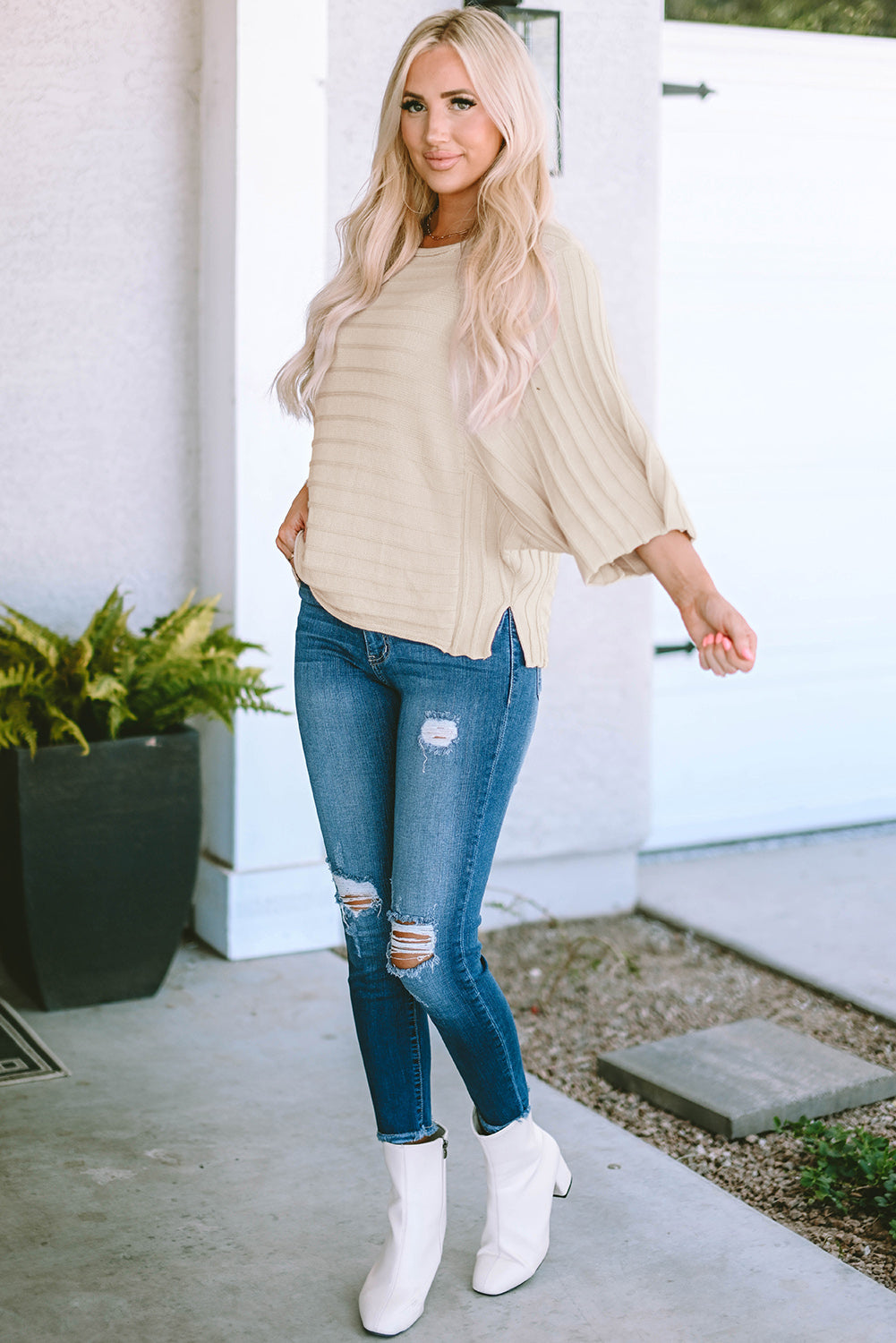 Gray Exposed Seam Ribbed Knit Dolman Top