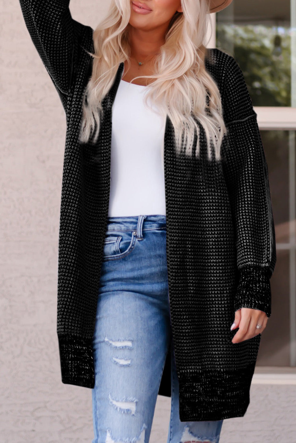 Gray Plaid Knitted Long Open Front Cardigan