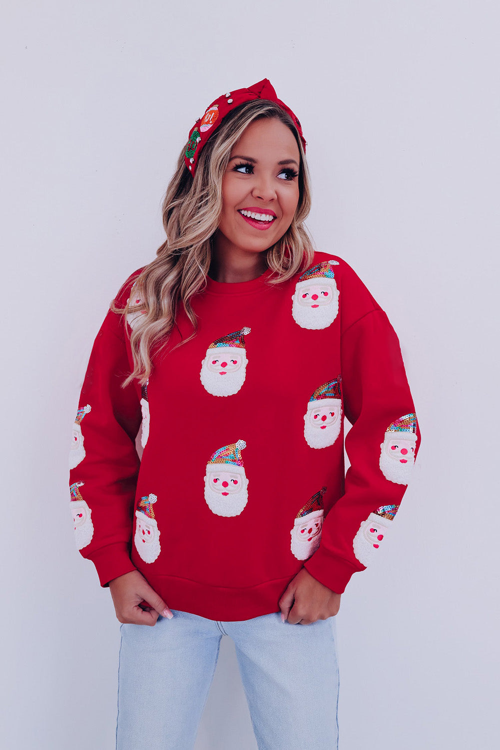 Red Christmas Santa Claus Print Drop Shoulder Sweatshirt