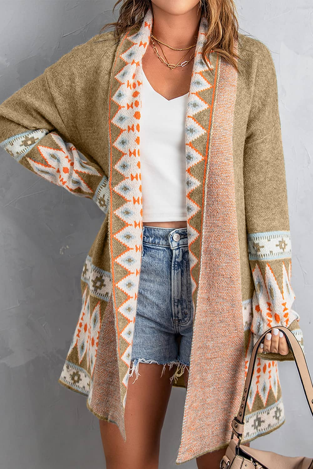 Orange Printed Aztec Print Open Front Knitted Cardigan