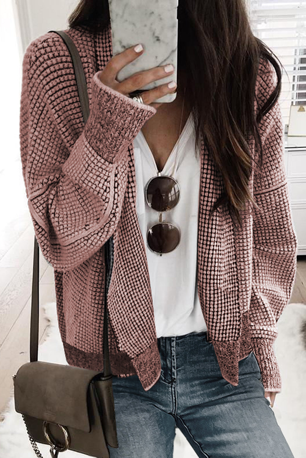 Gray Plaid Knitted Long Open Front Cardigan