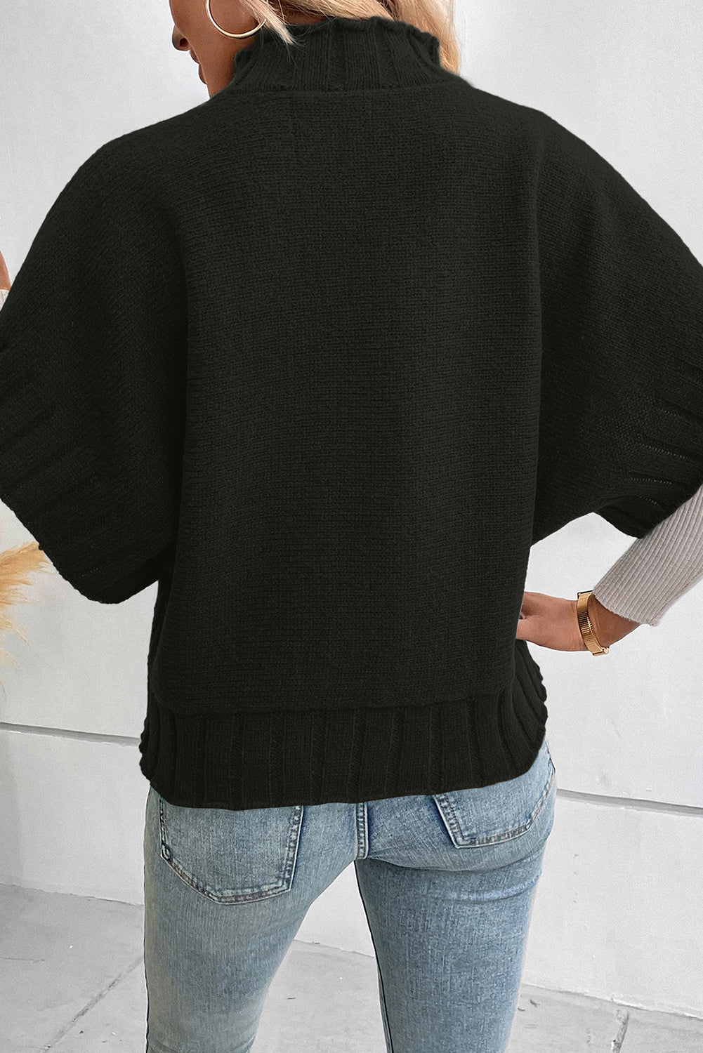 Desert Palm Mock Neck Batwing Short Sleeve Knit Sweater