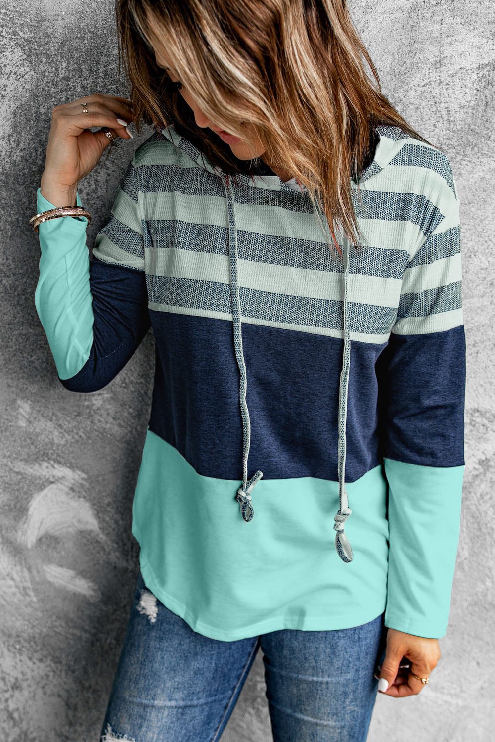 Green Color Block Drawstring Hoodie