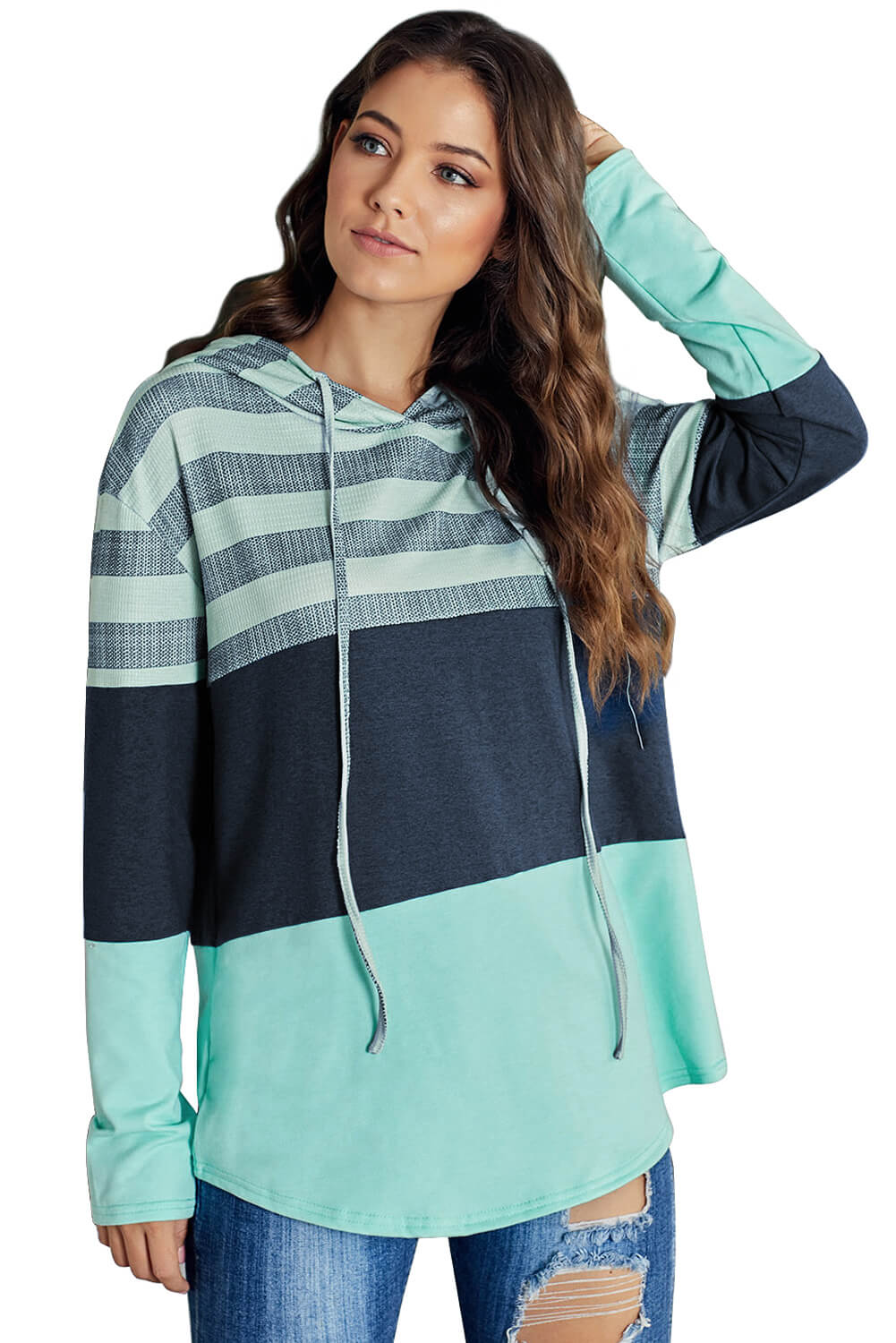 Green Color Block Drawstring Hoodie