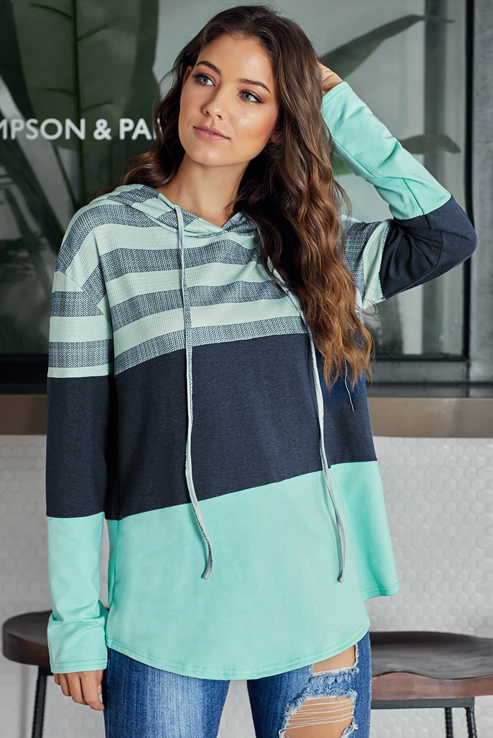 Green Color Block Drawstring Hoodie