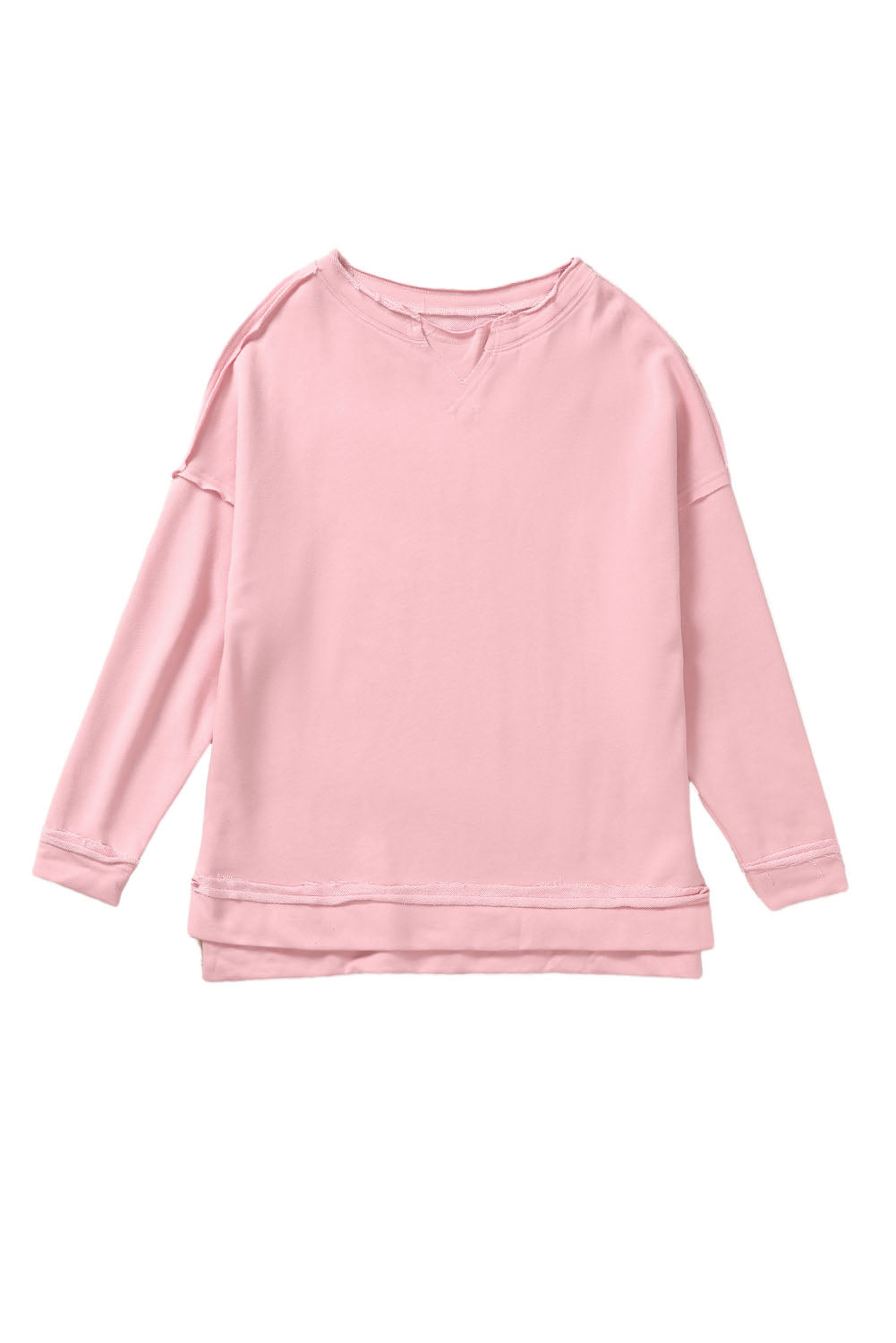 Pink Frayed Trim Side Slit Loose Sweatshirt
