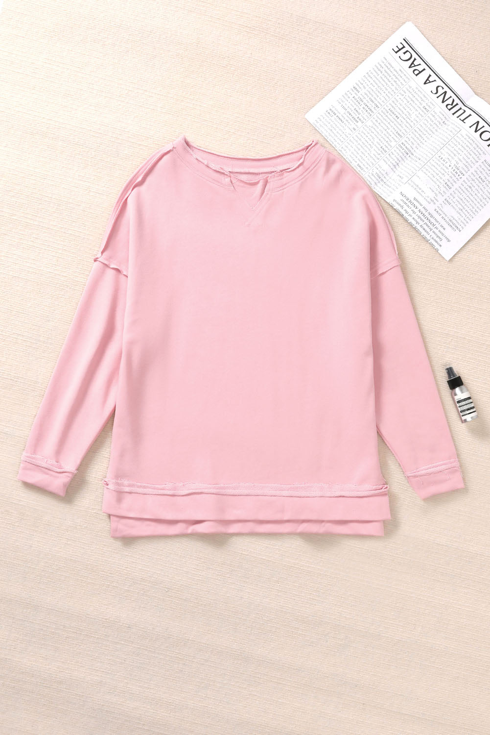 Pink Frayed Trim Side Slit Loose Sweatshirt