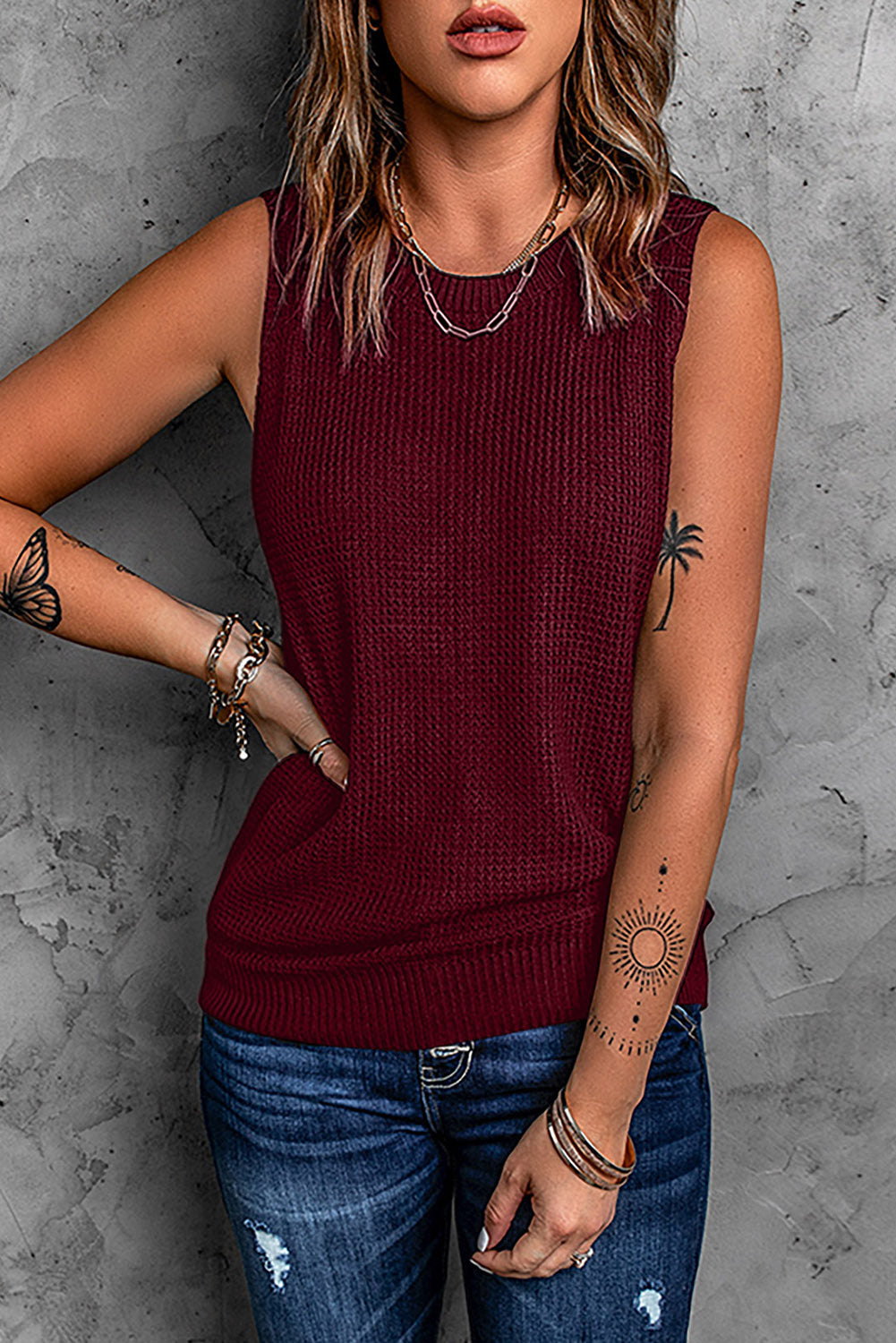 Wine Fiery Red Crisscross Hollow-out Knit Tank Top