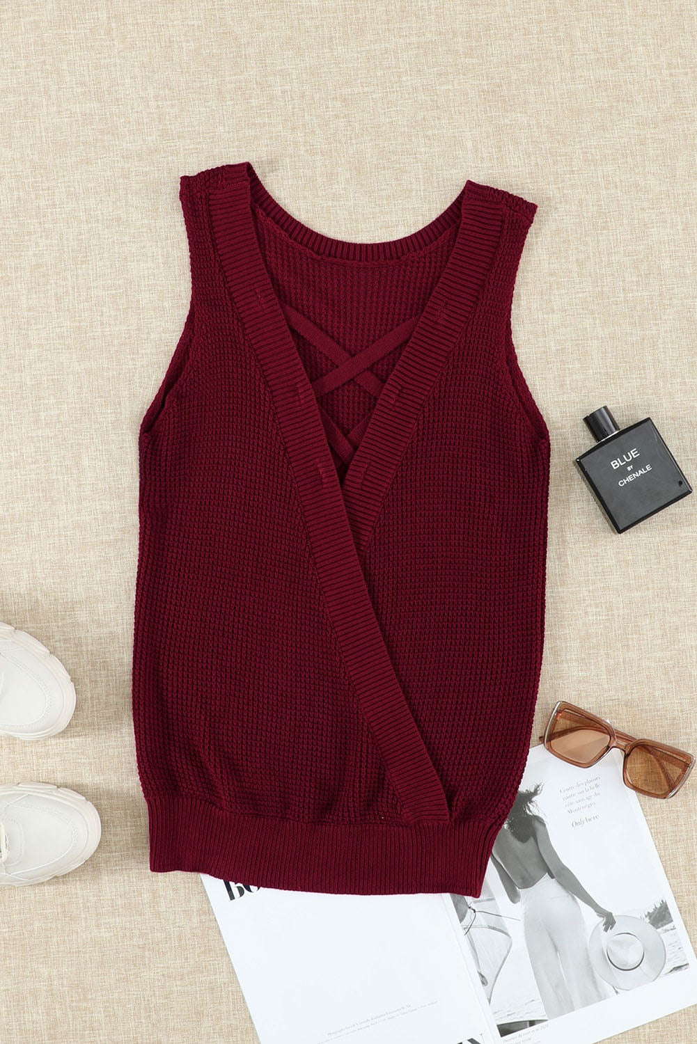 Wine Fiery Red Crisscross Hollow-out Knit Tank Top