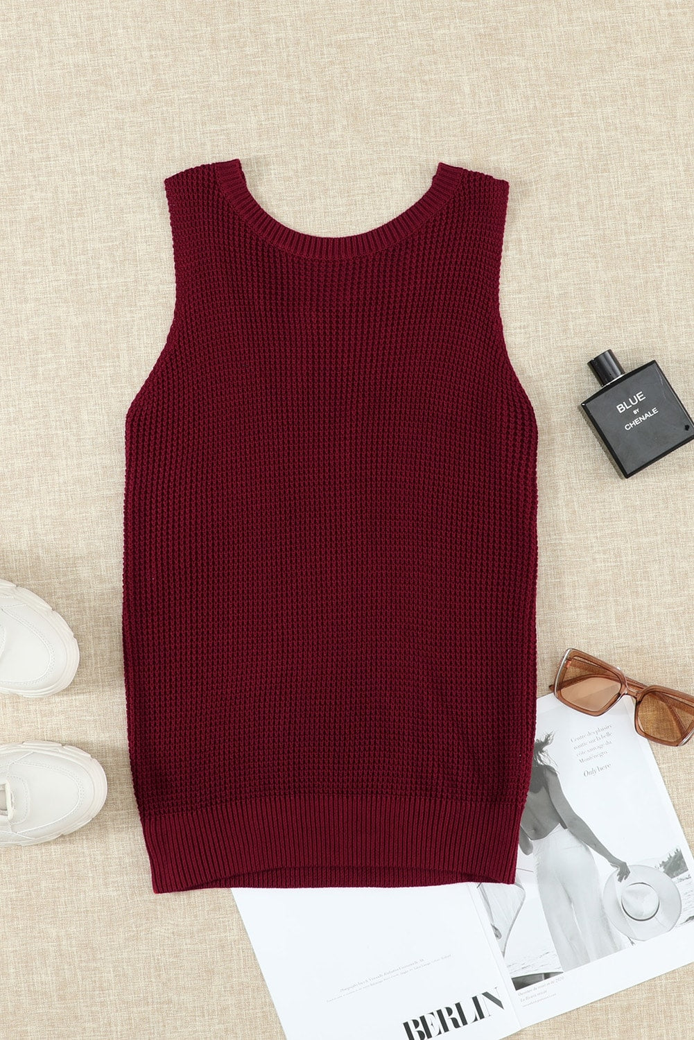 Wine Fiery Red Crisscross Hollow-out Knit Tank Top