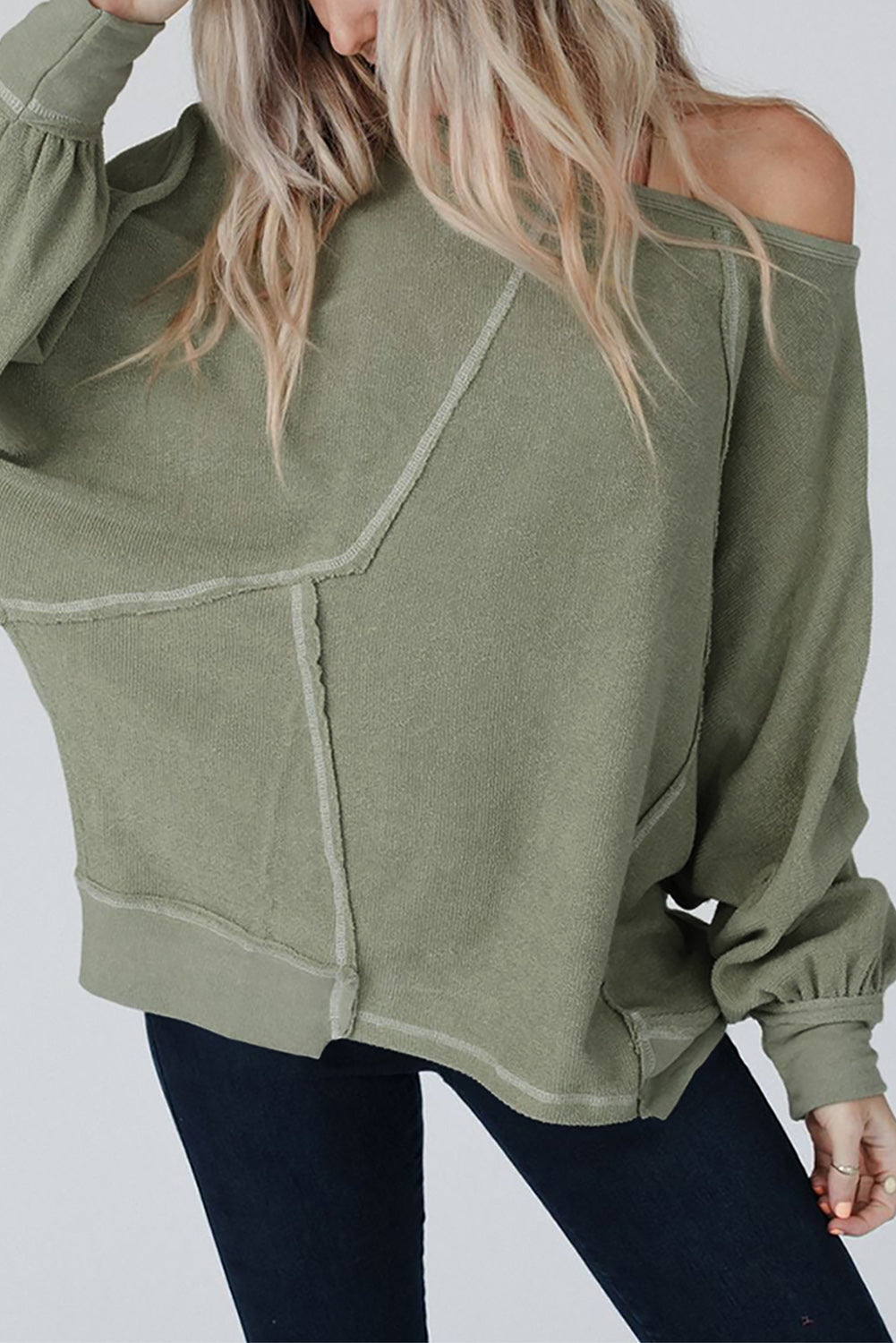 Green Exposed Seam Patchwork Dolman Sleeve Top