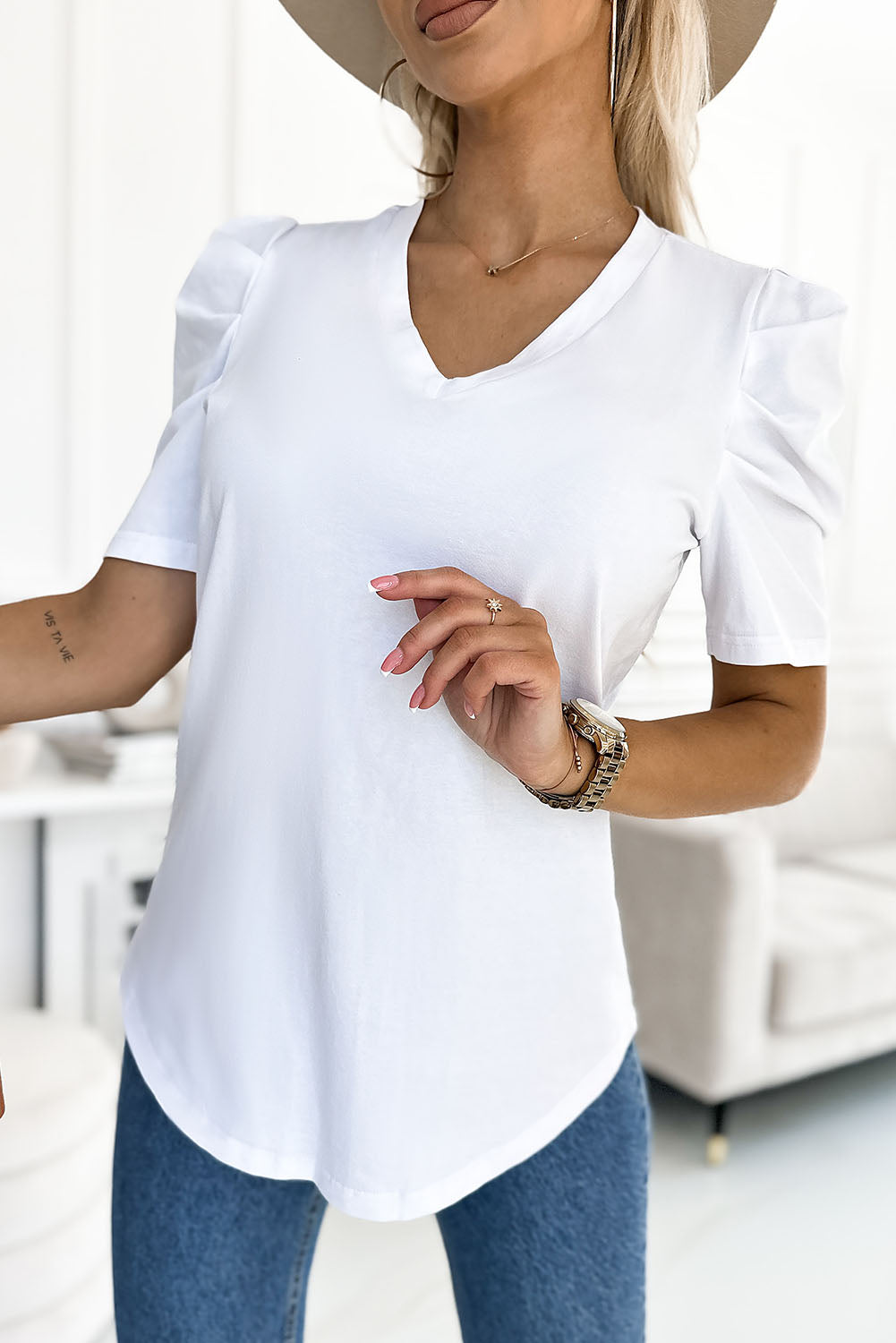 White Sequin Bow Patched Puff Sleeve T Shirt