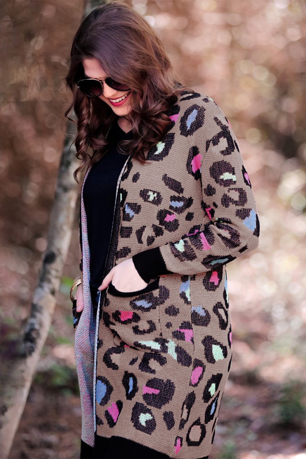 Leopard Contrast Trim Pocketed Open Cardigan