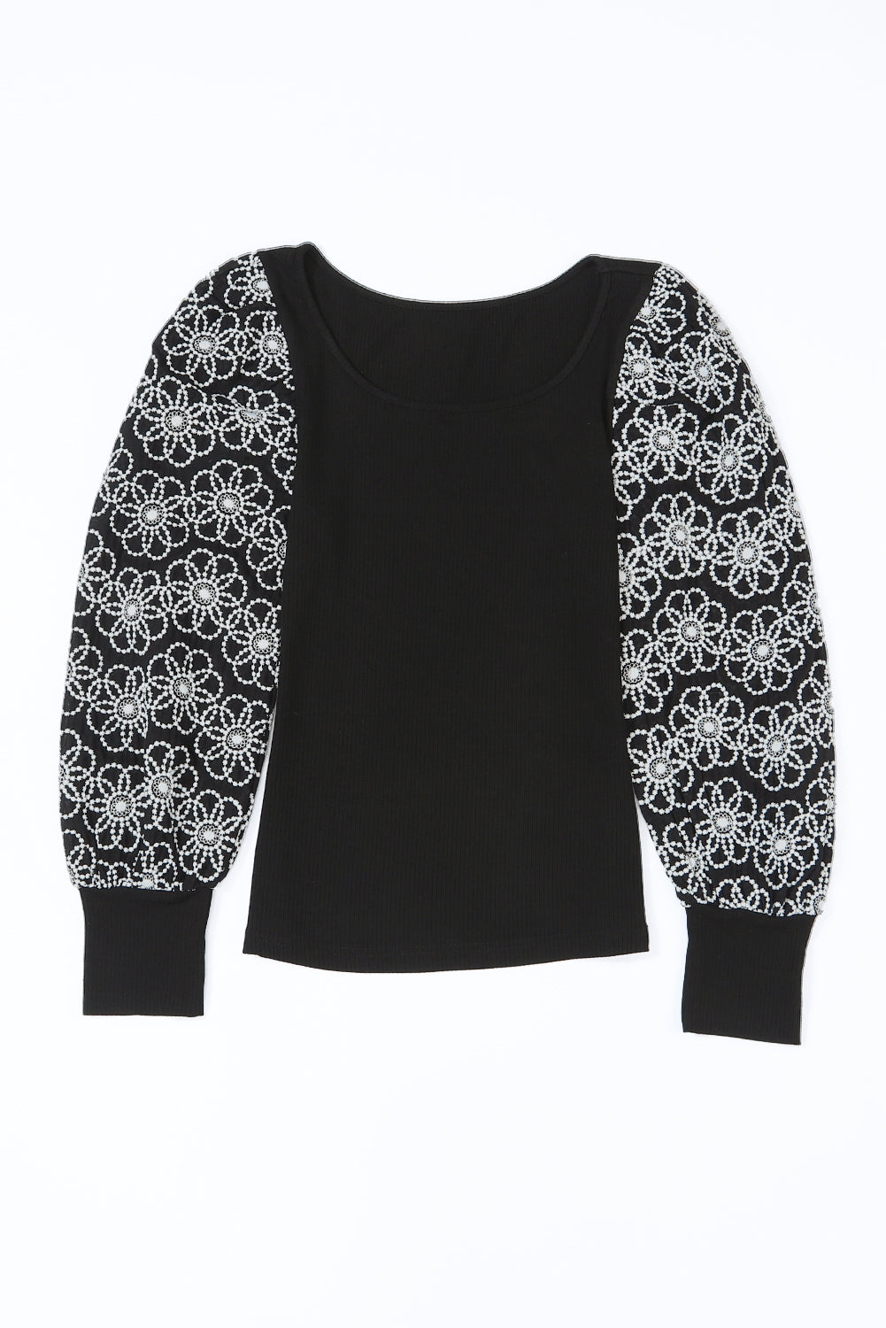 Black Plus Size Daisy Embroidered Puff Sleeve Ribbed Knit Top