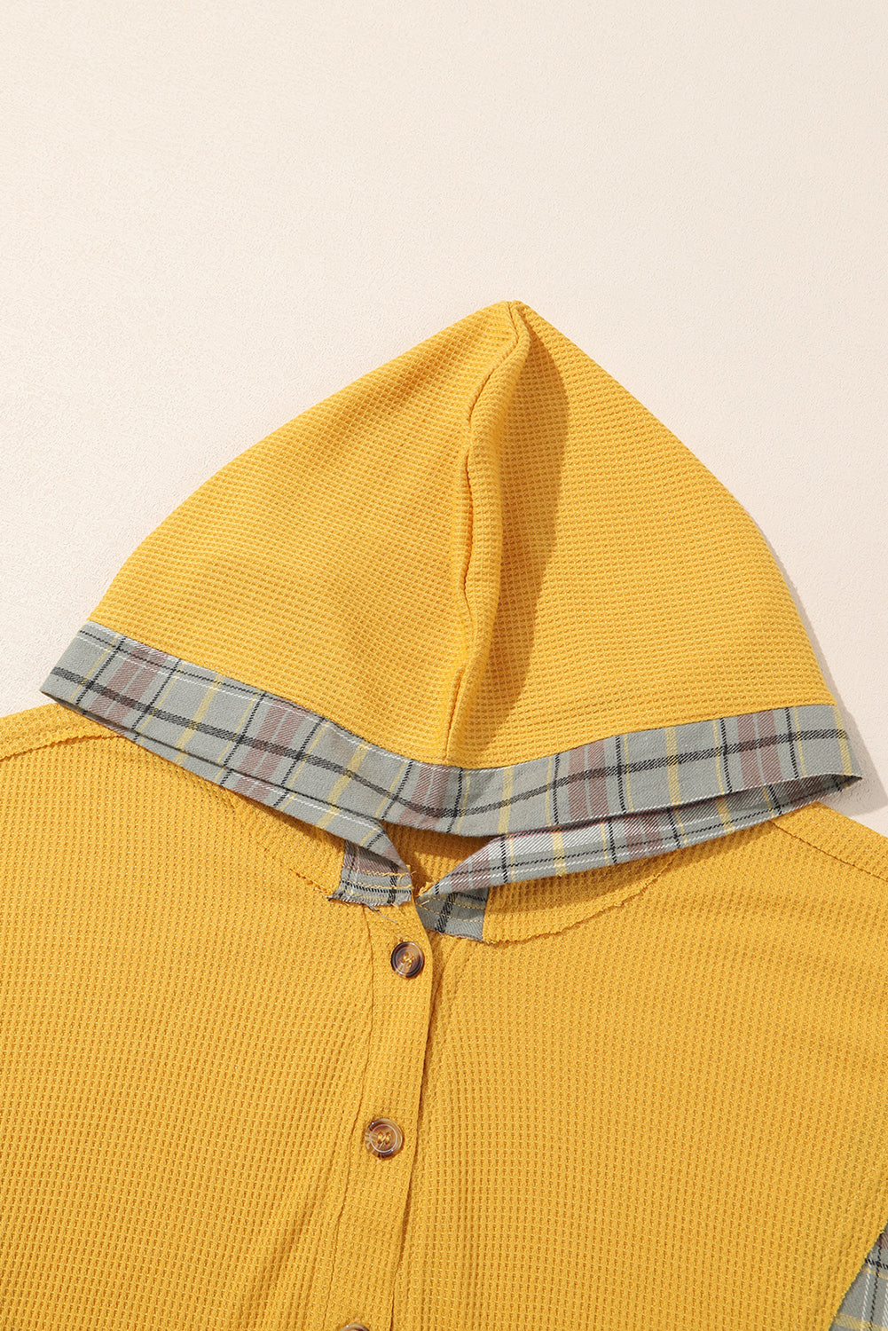 Yellow Waffle Knit Plaid Patchwork Pocketed Henley Hoodie
