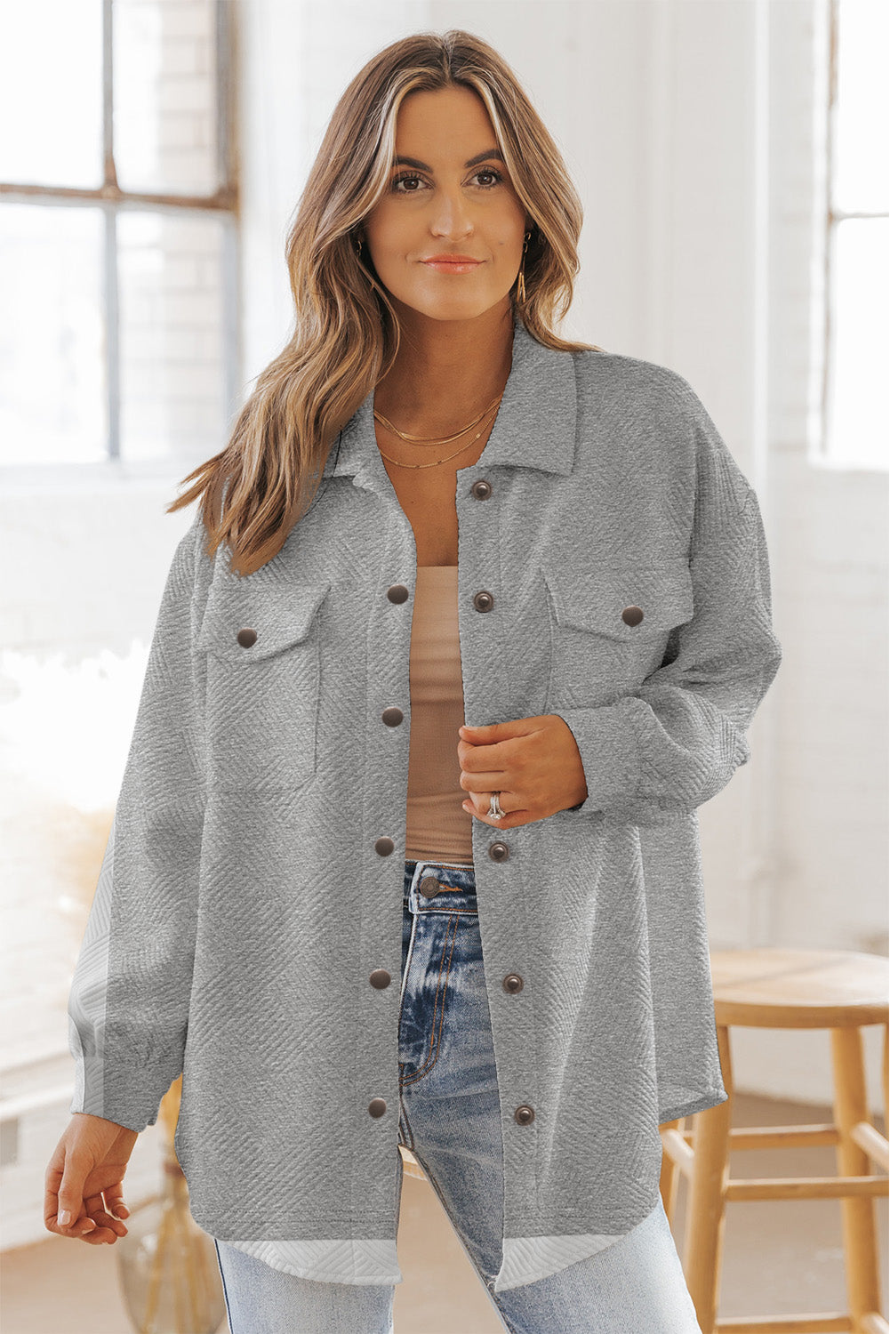 Beige Plus Size Textured Flap Pockets Jacket