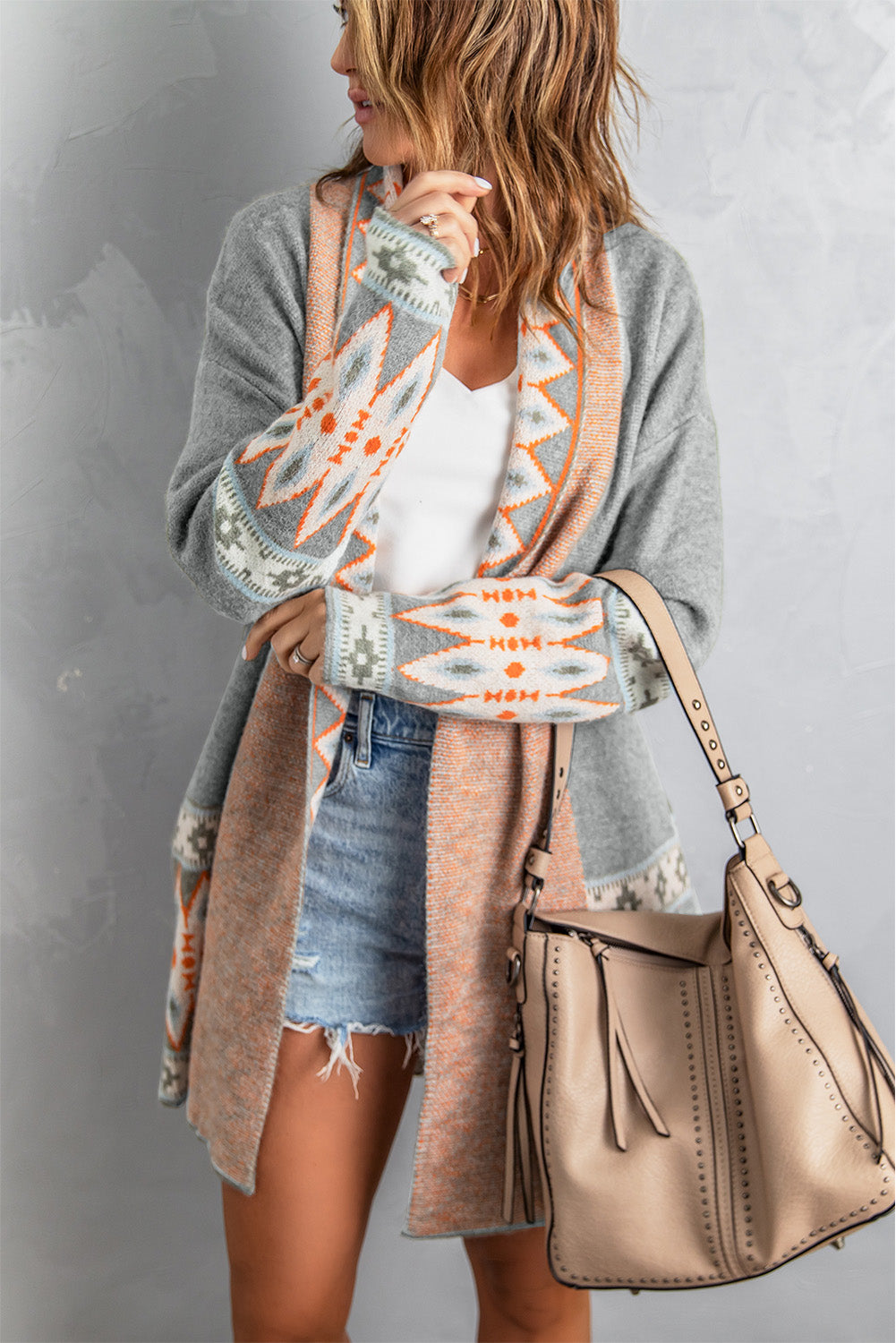 Gray Aztec Print Open Front Knitted Cardigan
