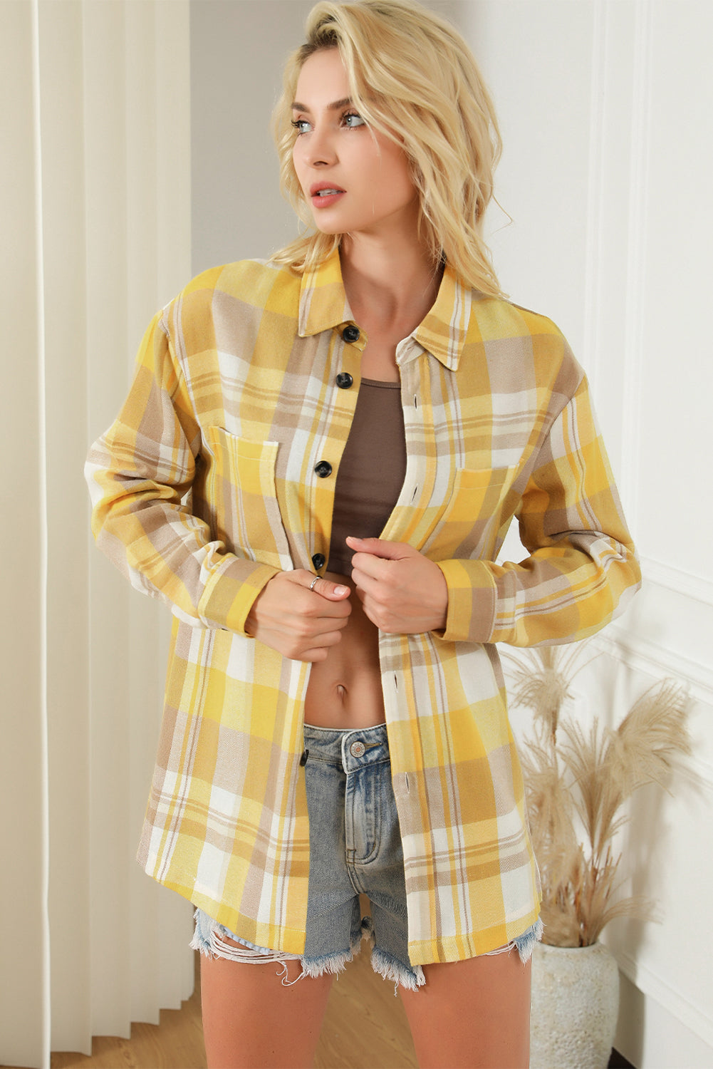 Green Printed Plus Size Chest Pocket Plaid Shirt