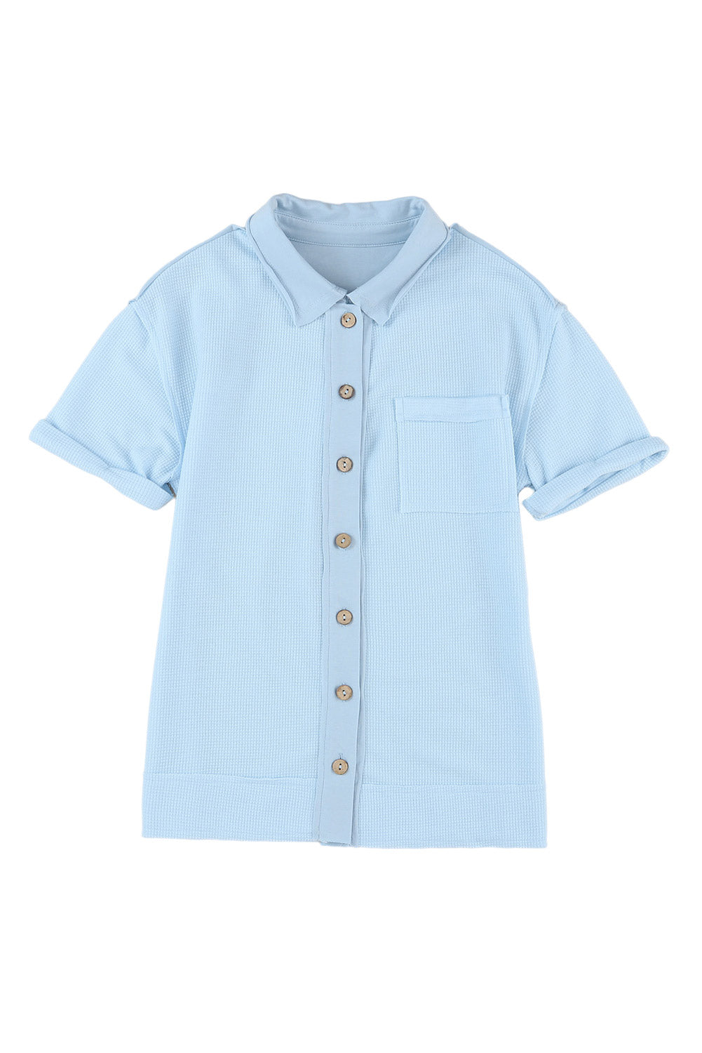Sky Blue Acid Wash Waffle Knit Short Sleeve Buttoned Shirt
