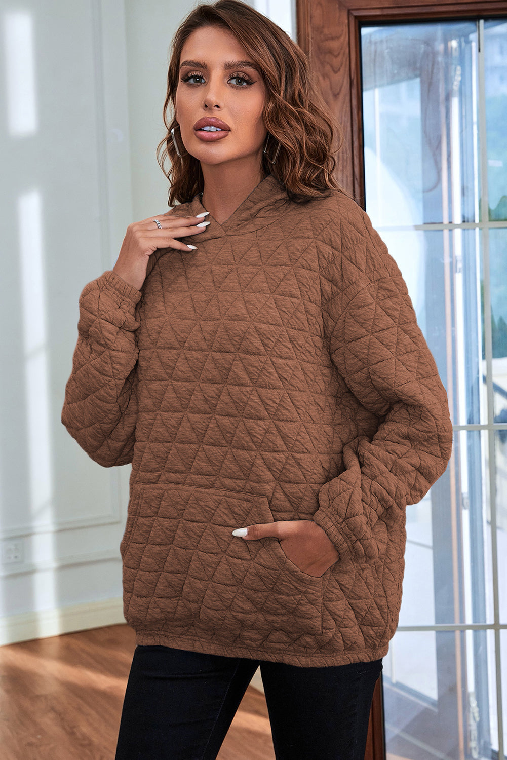 Beige Quilted V Neck Hoodie Drawstring Shorts Set