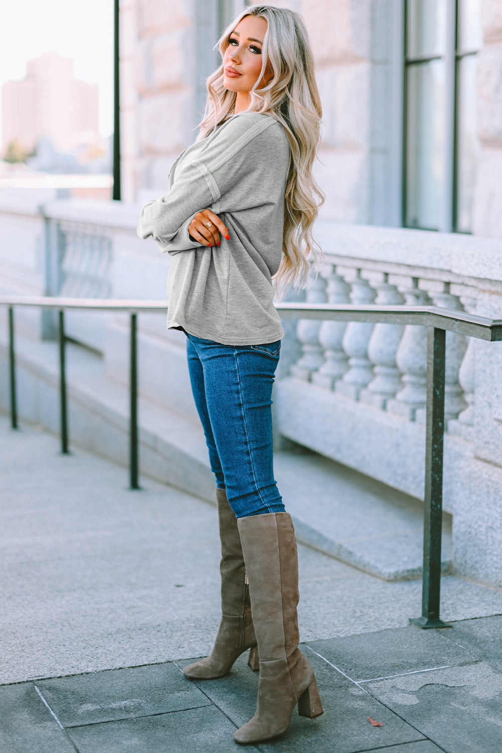 Gray Pocketed Oversized Drop Sleeve Top