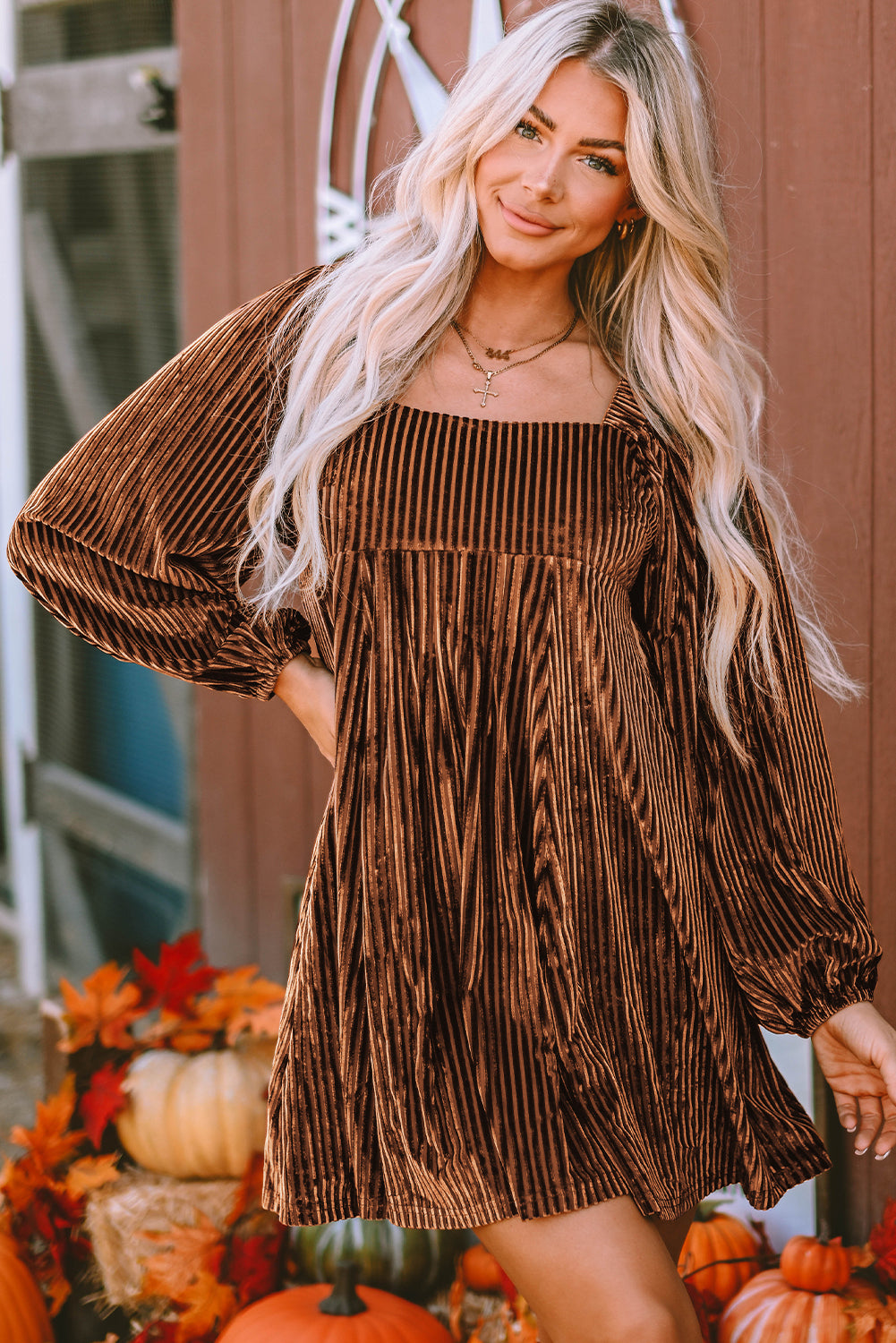 Chestnut Smocked Ribbed Velvet Babydoll Top