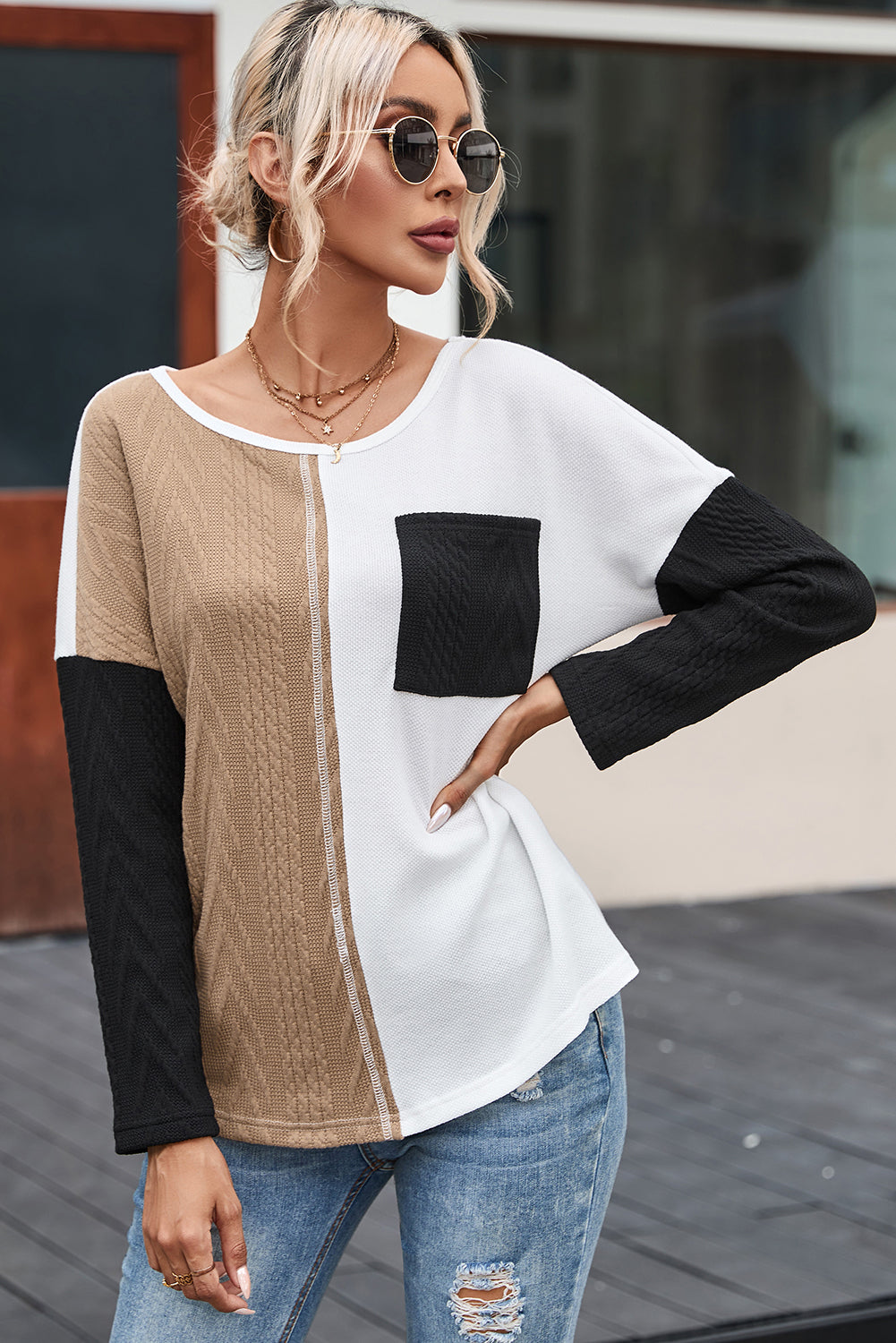 Orange Long Sleeve Colorblock Chest Pocket Textured Knit Top