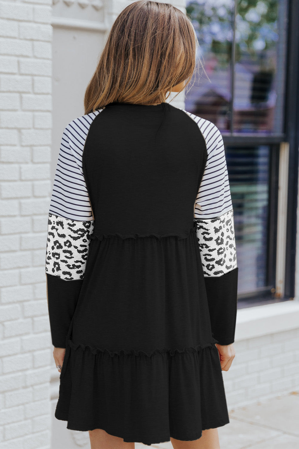 Black Plus Size Striped Leopard Patch Sleeve Ruffle Tiered Dress