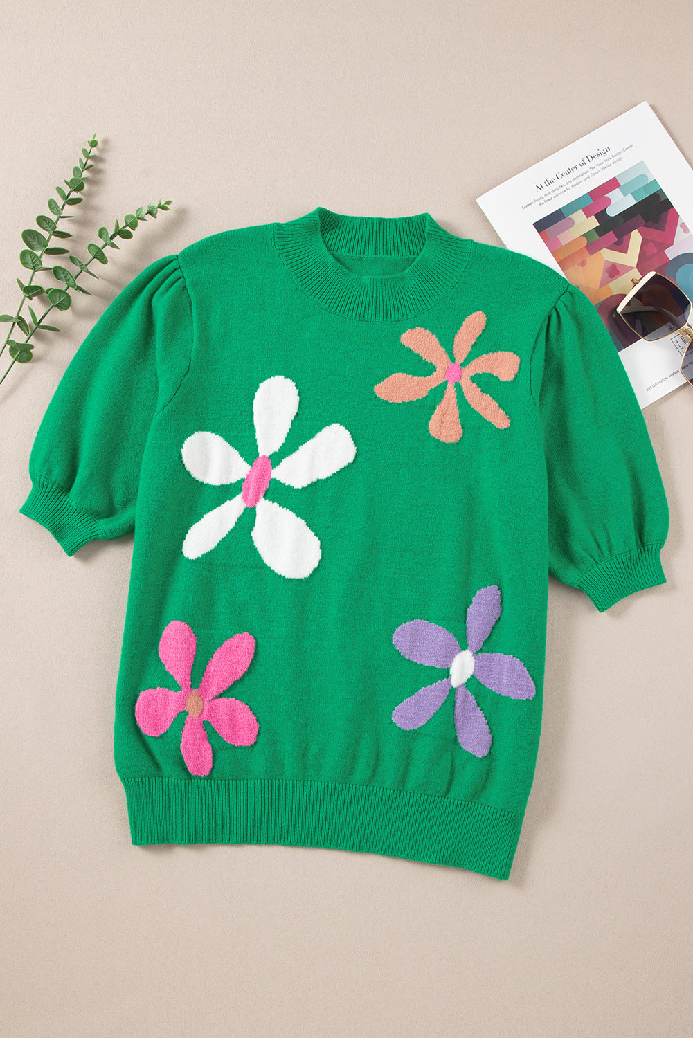 Bright Green Floral Bubble Short Sleeve Sweater