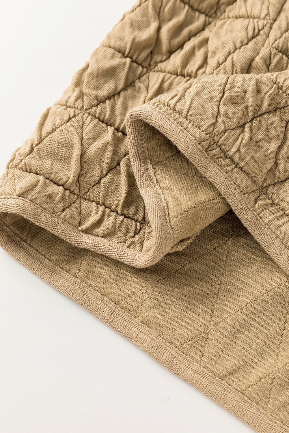 Beige Quilted V Neck Hoodie Drawstring Shorts Set