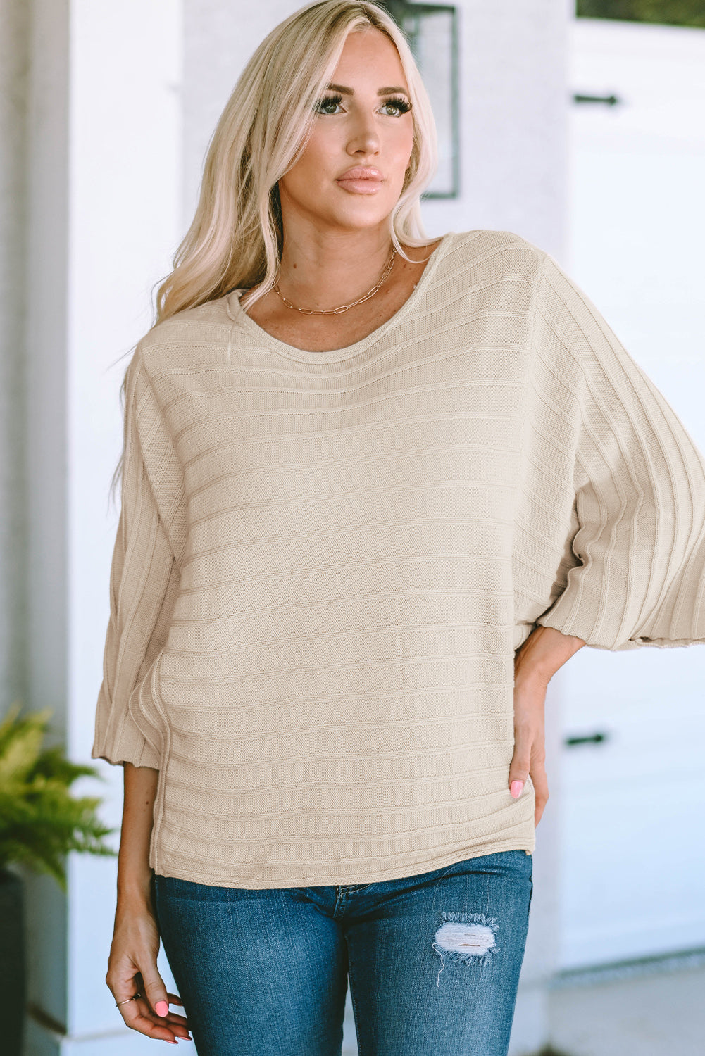 Gray Exposed Seam Ribbed Knit Dolman Top