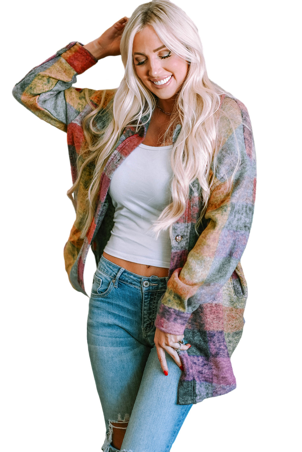 Multicolor Brushed Plaid Plus Size Shacket