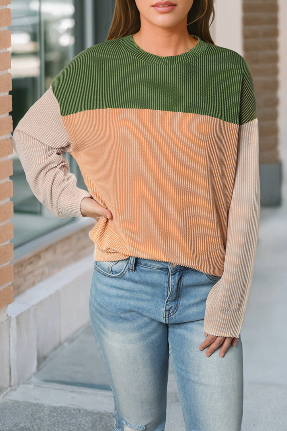 Khaki Corded 2pcs Colorblock Pullover and Pants Outfit