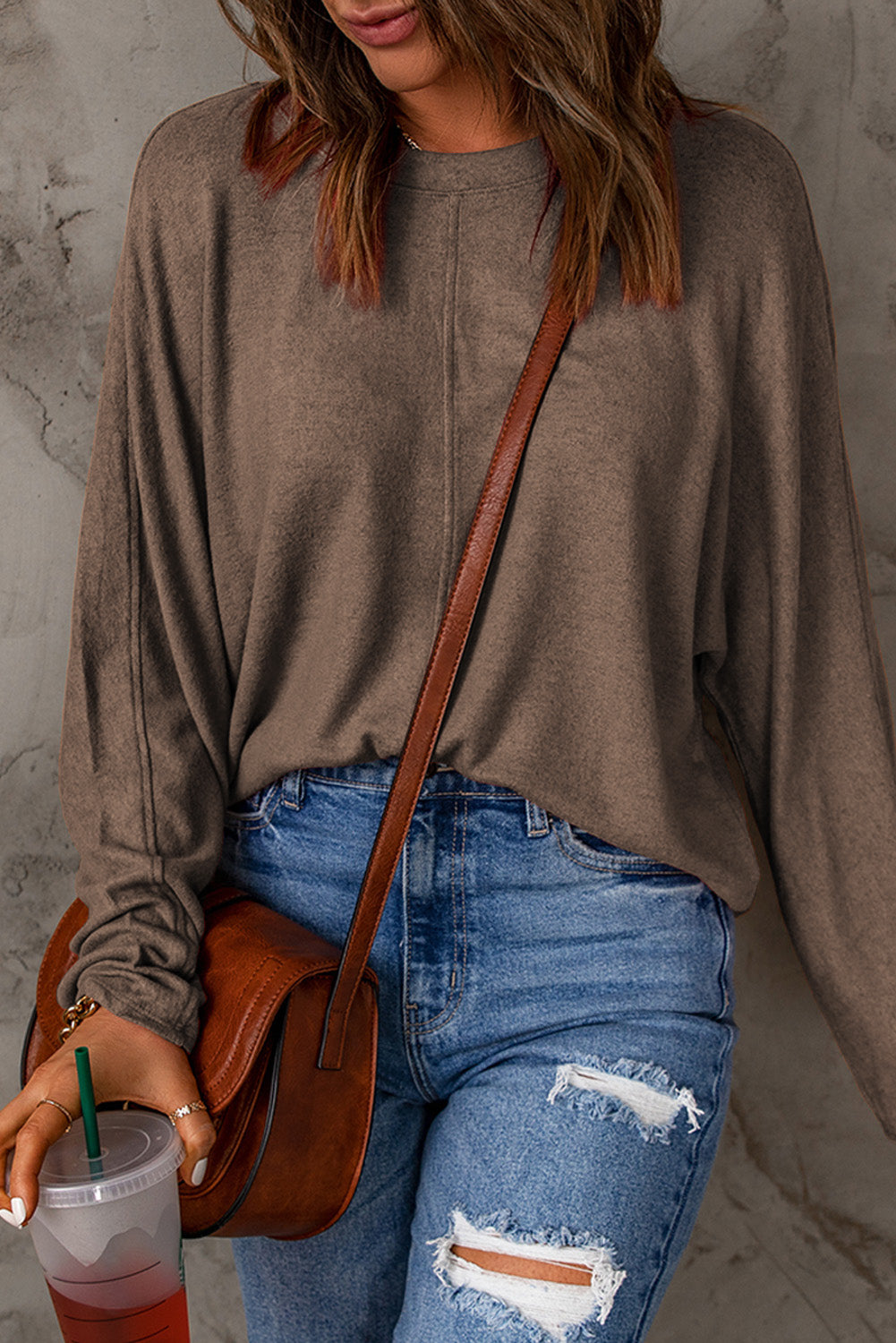 Brown Fiery Solid Color Patchwork Long Sleeve Top